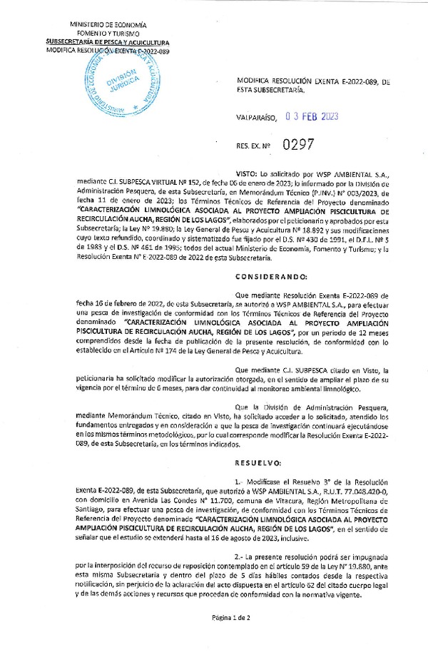 Res. Ex. N°0297-2023 Modifica Resolución Exenta E-2022-089, de esta Subsecretaria. (Publicado en Página Web 08-02-2023)