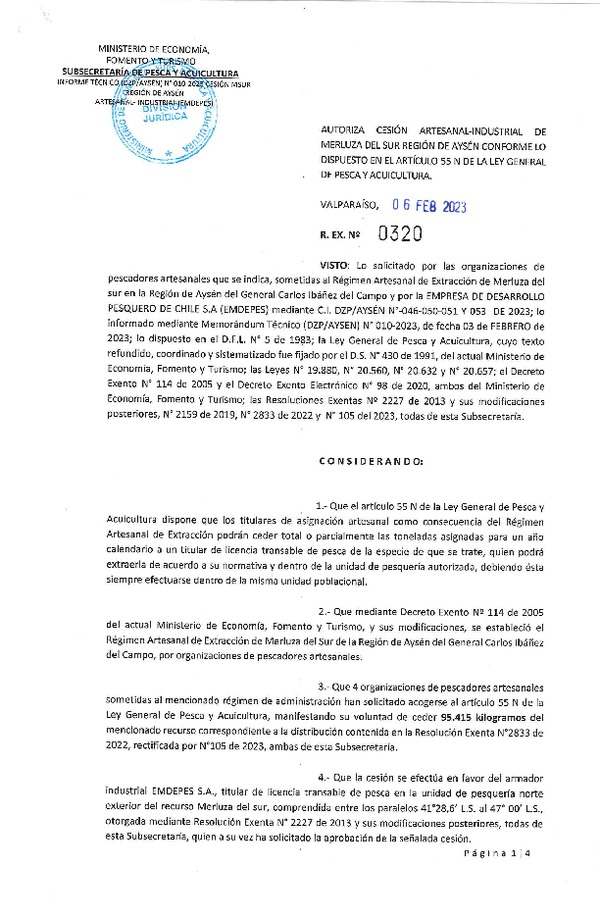 Res. Ex. N°0320-2023  Autoriza cesión Artesanal-Industrial de Merluza del Sur oregión de Aysén conforme lo dispuesto en el articulo 55 N de la Ley General de Pesca y Acuicultura. (Publicado en Página Web 08-02-2023)