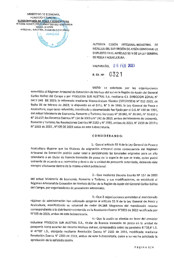 Res. Ex. N°0321-2023  Autoriza cesión Artesanal-Industrial de Merluza del Sur región de Aysén, conforme lo dispuesto en el artículo 55 N de la Ley General de Pesca y Acuicultura. (Publicado en Página Web 08-02-2023)