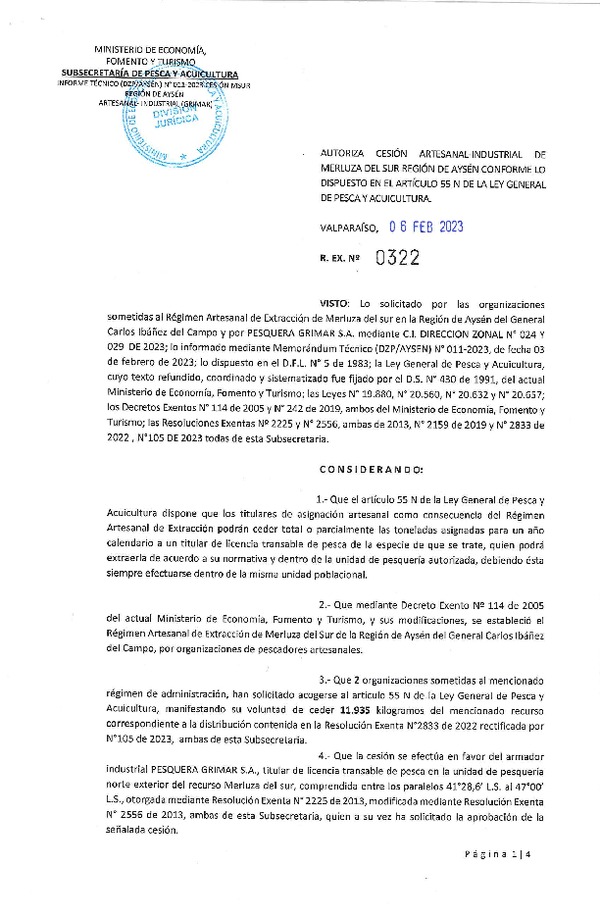 Res. Ex. N°0322-2023  Autoriza cesión Artesanal-Industrial de Merluza del Sur región de Aysén, conforme lo dispuesto en el artículo 55 N de la Ley General de Pesca y Acuicultura. (Publicado en Página Web 08-02-2023)