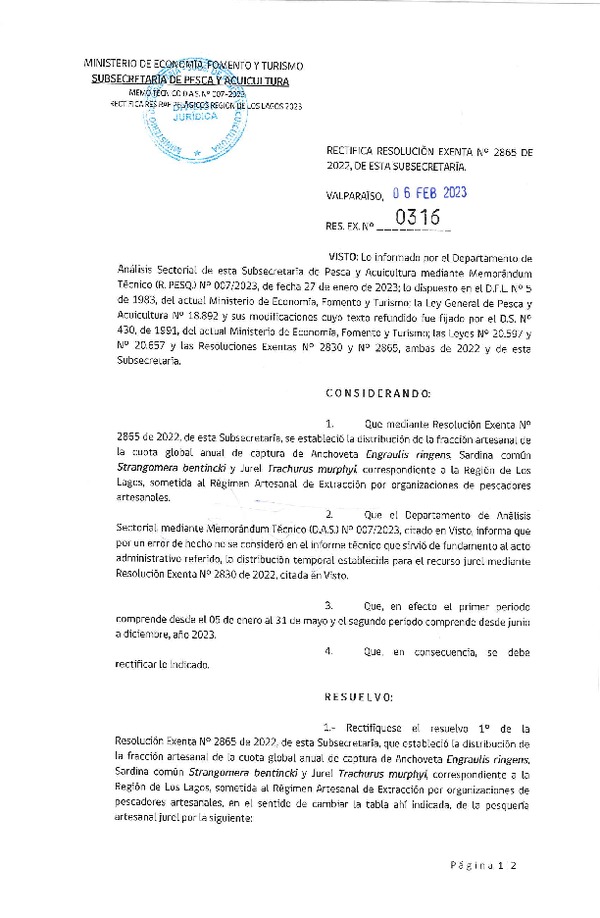 Res. Ex. N°0316-2023 Rectifica resolución exneta N° 2865 de 2022, de esta subsecretaria.(Publicado en Página Web 08-02-2023)