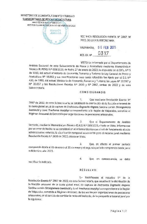 Res. Ex. N°0317-2023 Rectifica resolución exneta N° 2867 de 2022, de esta subsecretaria.(Publicado en Página Web 08-02-2023)