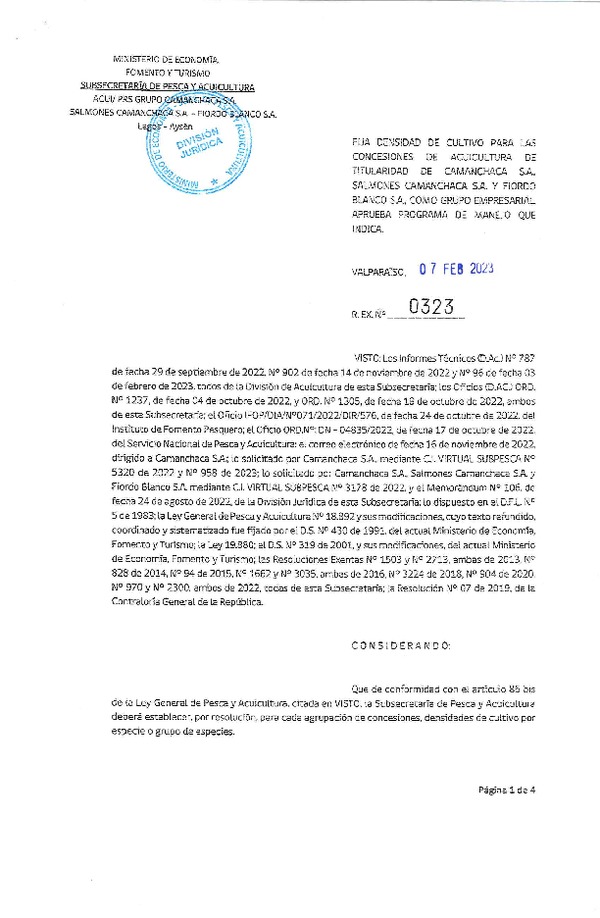 Res. Ex. N°0323-2023 Fija densidad de cultivo para las concesiones de Acuicultura de titularidad de Camanchaca S.A.,Salmones Camanchaca S.A. y Fiordo Blanco S.A., como grupo empresarial. Aprueba programa de manejo que indica. (Publicado en Página Web 09-02-2023)