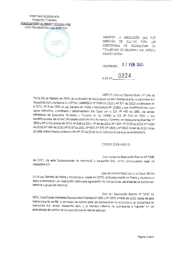 Res. Ex. N°0324-2023 Modifica la resolucion que fijo densidad de cultivo para las Concesiones de Acuicultura de titularidad de Aquachile S.A.,actual SpA. (Publicado en Página Web 09-02-2023