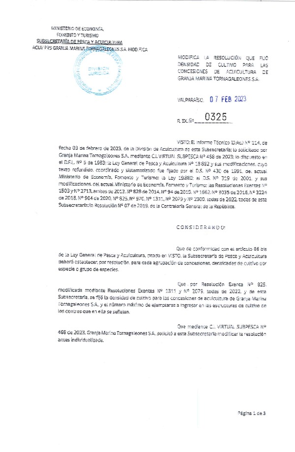 Res. Ex. N°0325-2023 Modifica la resolucion que fijo densidad de cultivo para las Concesiones de Acuicultura de titularidad de Granja Marina Tornagaleones S.A. (Publicado en Página Web 09-02-2023