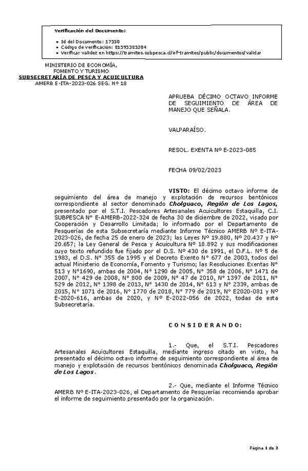 RESOL. EXENTA Nº E-2022-085 Aprueba 18° Seguimiento. (Publicado en Página Web 09-02-2023)