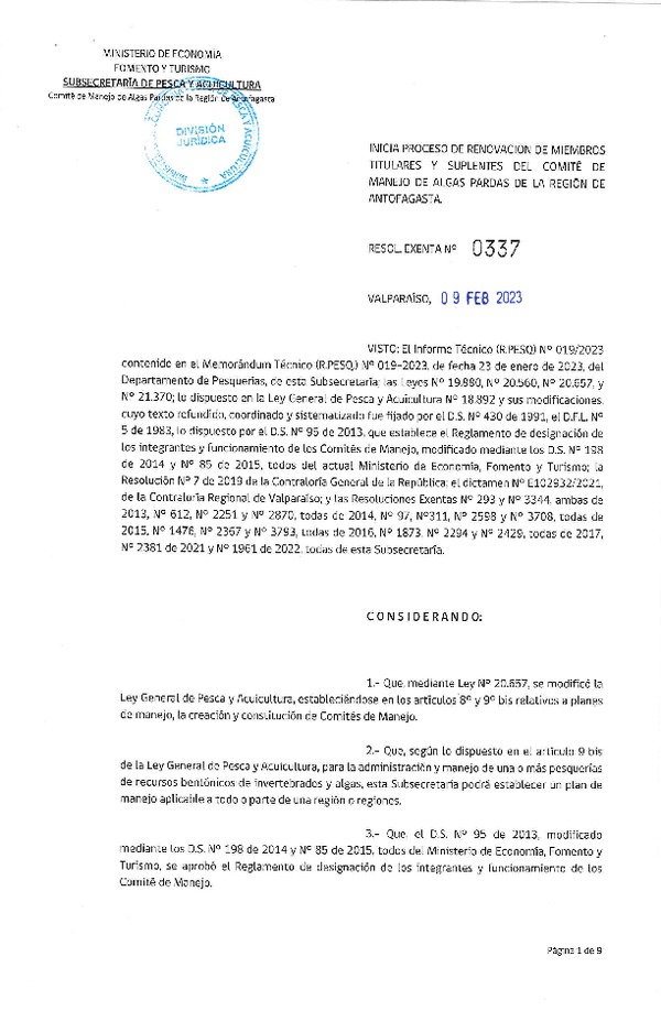 Res. Ex N° 0337-2023, Inicia proceso de renovación de miembros titulares y suplentes del comité de manejo de Algas Pardas de la Región de Antofagasta.