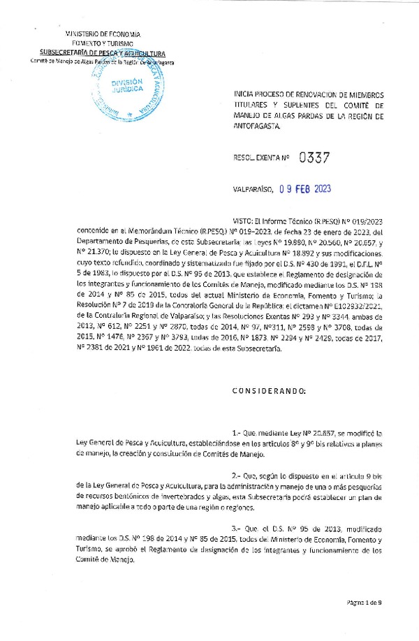 Res. Ex N° 0337-2023, Inicia proceso de renovación de miembros titulares y suplentes del comité de manejo de Algas Pardas de la Región de Antofagasta.