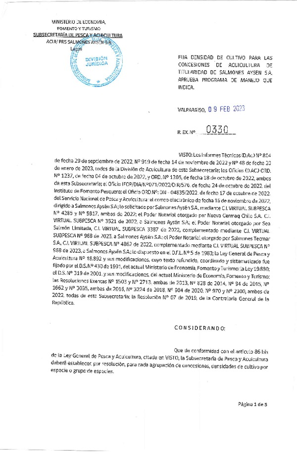 Res. Ex. N°0330-2023 Fija densidad de cultivo para las concesiones de Acuicultura de titularidad de Salmones Aysén S.A., Aprueba programa de manejo que indica. (Publicado en Página Web 10-02-2023)