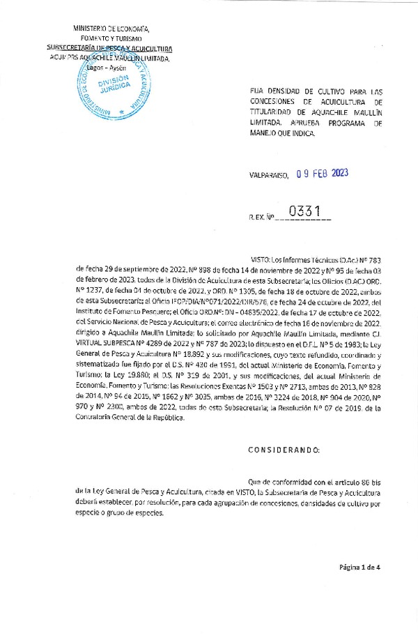 Res. Ex. N°0325-2023 Modifica la resolucion que fijo densidad de cultivo para las Concesiones de Acuicultura de titularidad de Granja Marina Tornagaleones S.A. (Publicado en Página Web 09-02-2023