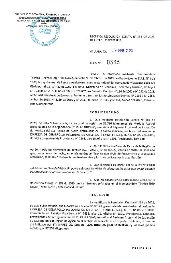 Res Ex. N° 0336-2023, Rectifica Resolución Exenta N° 181 de 2023, de esta Subsecretaría.