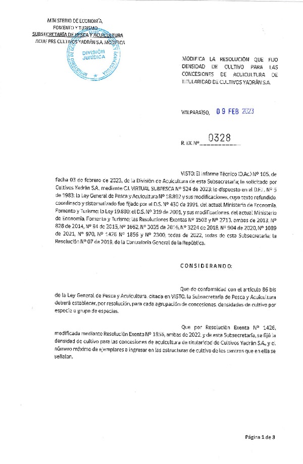 Res. Ex. N°0325-2023 Modifica la resolucion que fijo densidad de cultivo para las Concesiones de Acuicultura de titularidad de Granja Marina Tornagaleones S.A. (Publicado en Página Web 09-02-2023