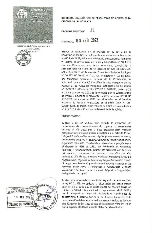 Refrenda diagnóstico de Pesquerías Pelágicas para efectos de la Ley N° 21.525.