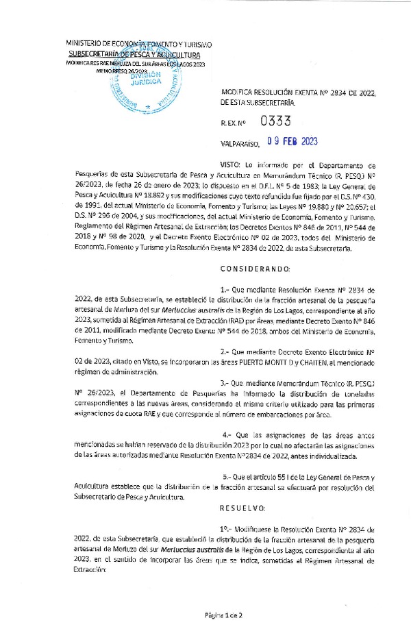 Res Ex N° 290-2023 Modifica Resolución Exenta N° 2833 de 2022, de esta Subsecretaria. (Publicado en Página Web 06-02-2023).