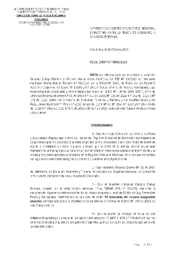 Res.Ex N° 0001-2023, (DZP) Autoriza cesión entre armador RAE individual Langostino Amarillo Región de Coquimbo, a Armador Artesanal.