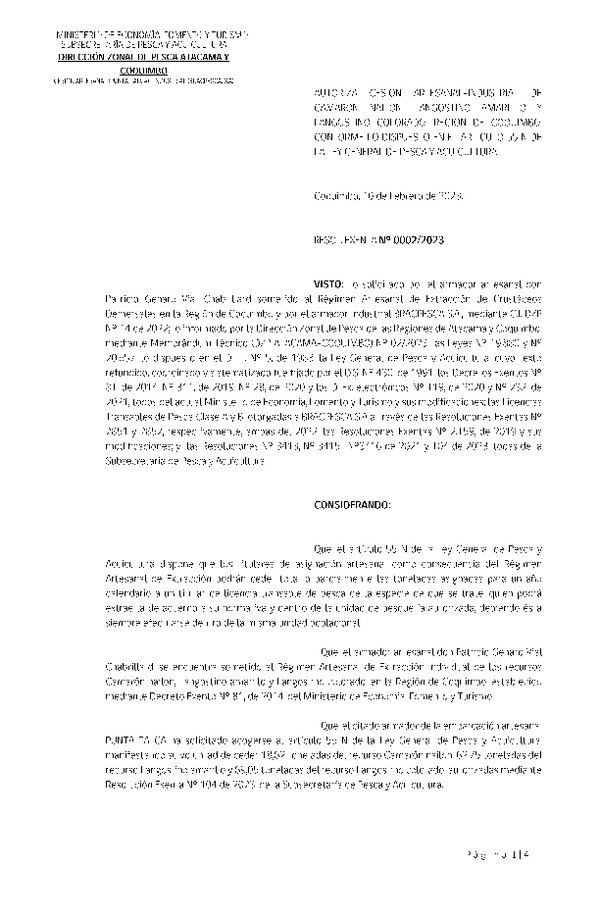 Res.Ex N° 0002-2023, (DZP) Autoriza cesión Artesanal- Industrial de Camarón Nailon, Langostino Amarillo y Langostino Colorado, región de Coquimbo, conforme lo dispuesto en el artículo 55 N de la ley General de Pesca y Acuicultura. (Publicado en Página Web 13-02-2023).