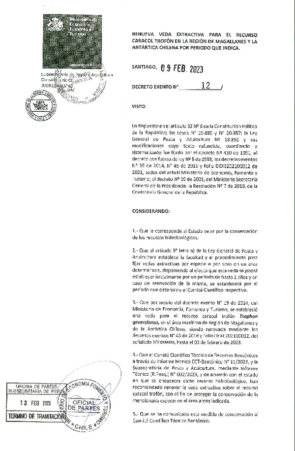 DEC. EX N° 12-2023, Renueva Veda extractiva para el recurso Caracol Trofón en la región de Magallanes y la Antártica Chilena por periodo que indica. (Publicado en Página Web 13-02-2023).