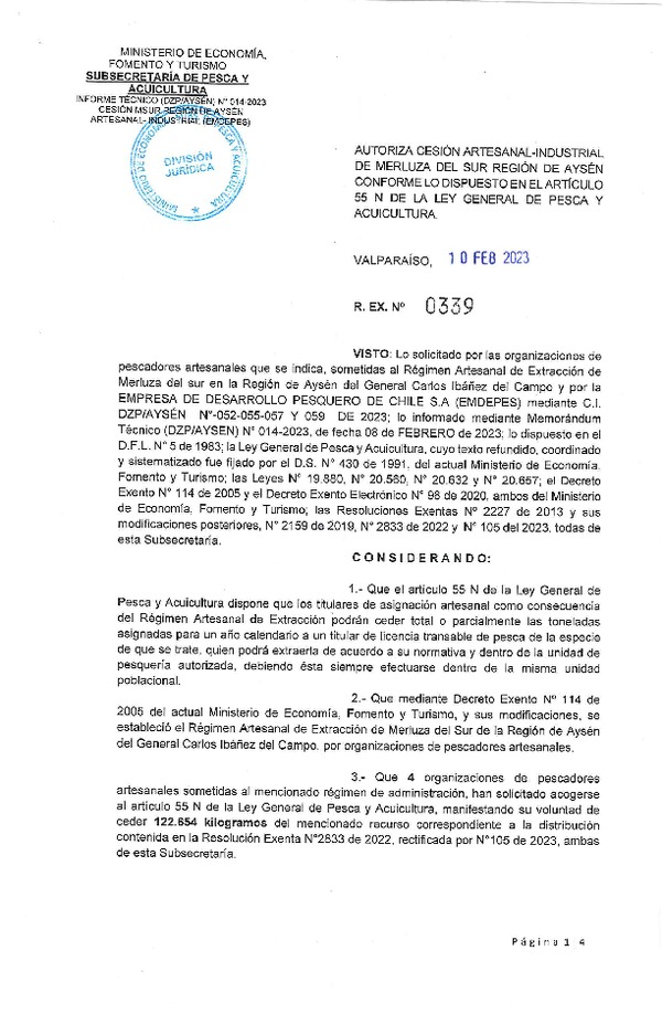 Res.Ex N° 0339-2023, Autoriza cesión Artesanal- Industrial de Merluza del Sur, región de Aysén, conforme lo dispuesto en el artículo 55 N de la ley General de Pesca y Acuicultura. (Publicado en Página Web 13-02-2023).