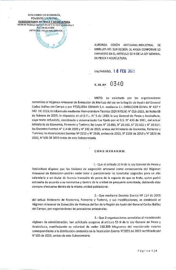 Res.Ex N° 0340-2023, Autoriza cesión Artesanal- Industrial de Merluza del Sur, región de Aysén, conforme lo dispuesto en el artículo 55 N de la ley General de Pesca y Acuicultura. (Publicado en Página Web 13-02-2023).