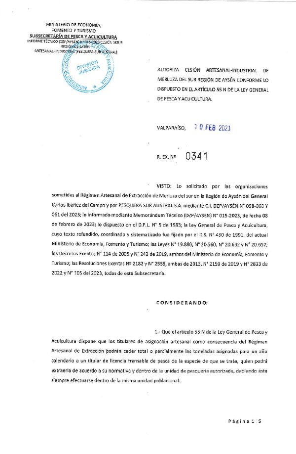 Res.Ex N° 0341-2023, Autoriza cesión Artesanal- Industrial de Merluza del Sur, región de Aysén, conforme lo dispuesto en el artículo 55 N de la ley General de Pesca y Acuicultura. (Publicado en Página Web 13-02-2023).