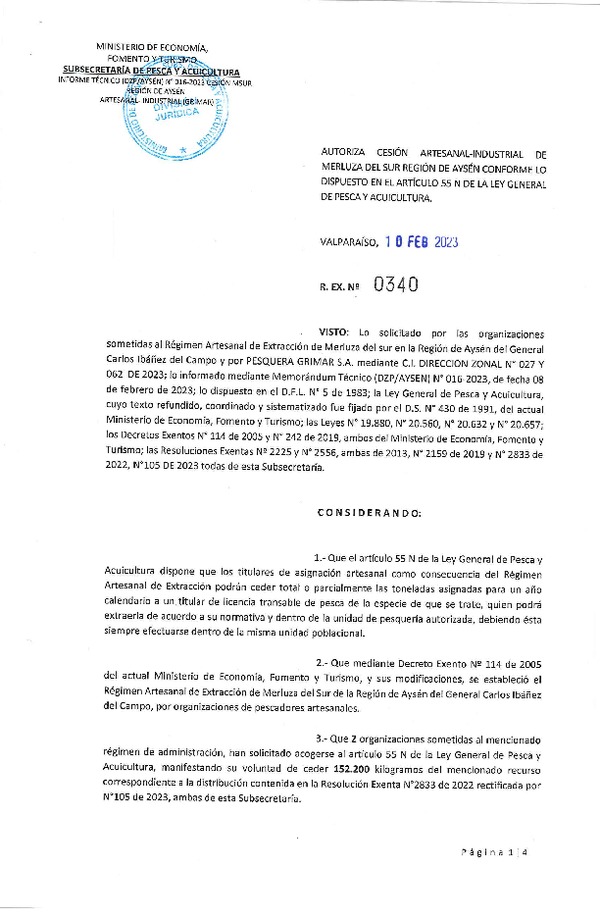 Rectifica Res.Ex N° 0340-2023, Autoriza cesión Artesanal- Industrial de Merluza del Sur, región de Aysén, conforme lo dispuesto en el artículo 55 N de la ley General de Pesca y Acuicultura. (Publicado en Página Web 13-02-2023).