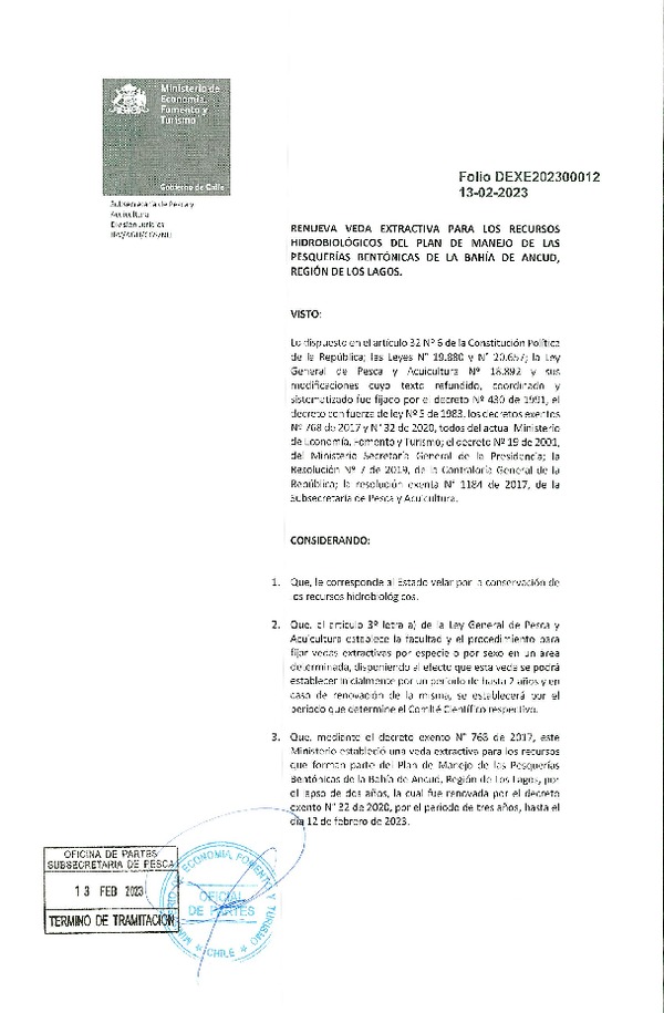 Folio DEXE202300012 DE 13-02-2023, Renueva Veda Extractiva para los recursos Hidrobiológicos del Plan de Manejo de las Pesquerías Bentónicas de la Bahía de Ancud, región de Los Lagos. (Publicado en Página Web 14-02-2023).