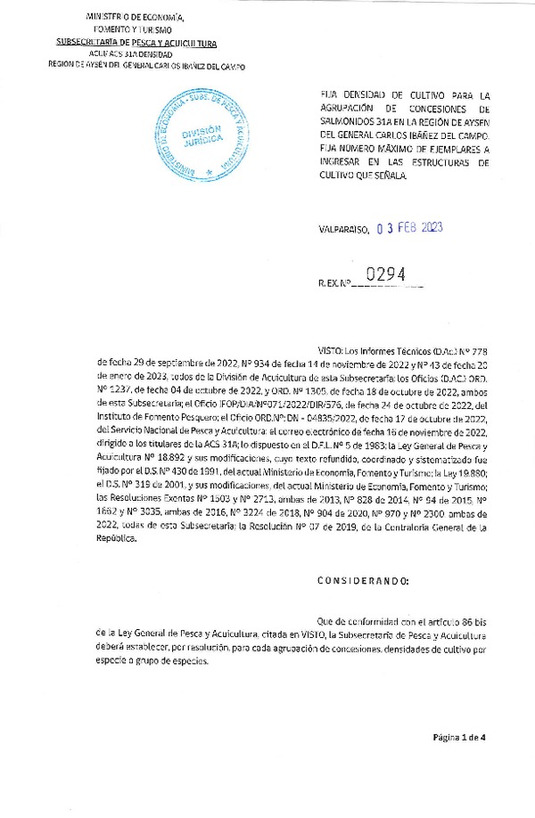 Rectifico Res. Ex. N°0294-2023 Fija densidad de cultivo para la agrupación de concesiones de Salmónidos 31A en la región de Aysén del General Carlos Ibáñez del Campo. Fija número máximo de ejemplares a ingresar en las estructuras de cultivo que señala. (Publicado en Página Web 15-02-2023)