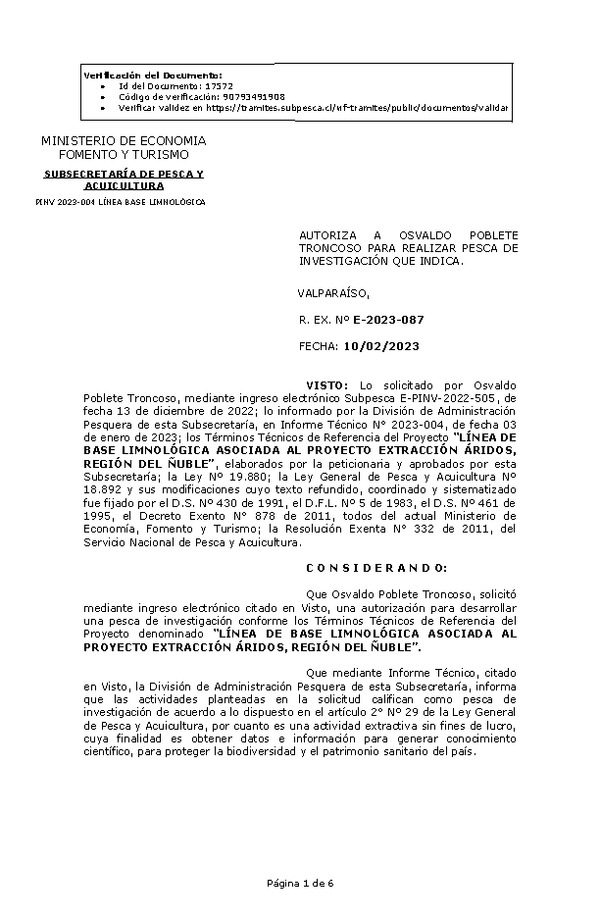 Res Ex N° E-2023-087, Autoriza a Osvaldo Poblete Troncoso, para realizar Pesca de Investigación que indica. (Publicado en Página Web 15-02-2023).