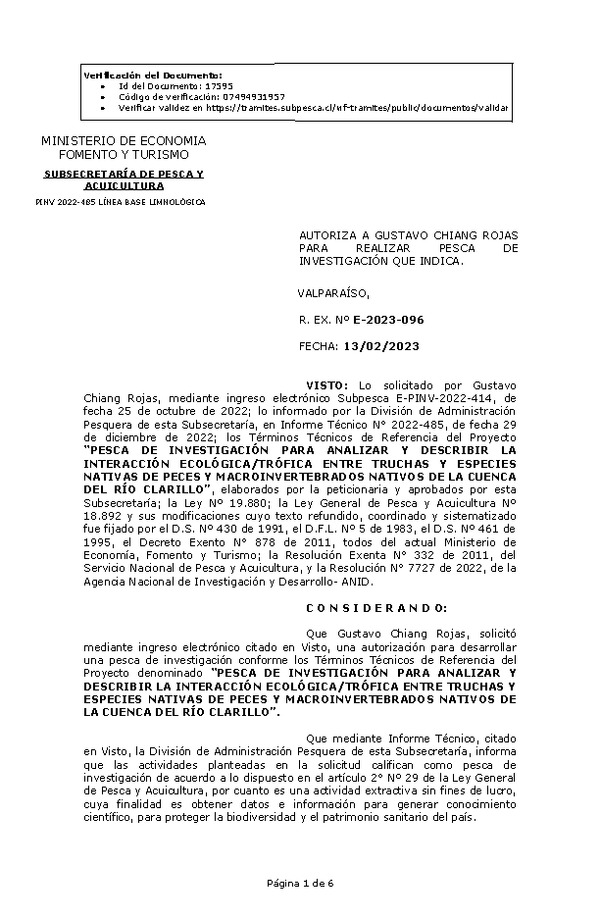 Res Ex N° E-2023-096, Autoriza a Gustavo Chiang Rojas, para realizar Pesca de Investigación que indica. (Publicado en Página Web 16-02-2023).
