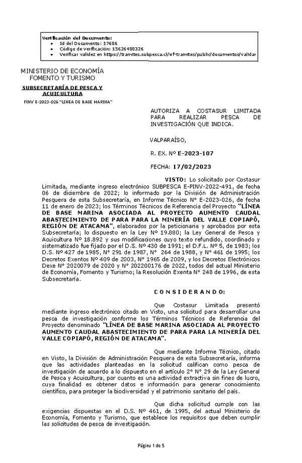 Res Ex N° E-2023-0107, Autoriza a Costasur Ltda., para realizar Pesca de Investigación que indica. (Publicado en Página Web 17-02-2023).