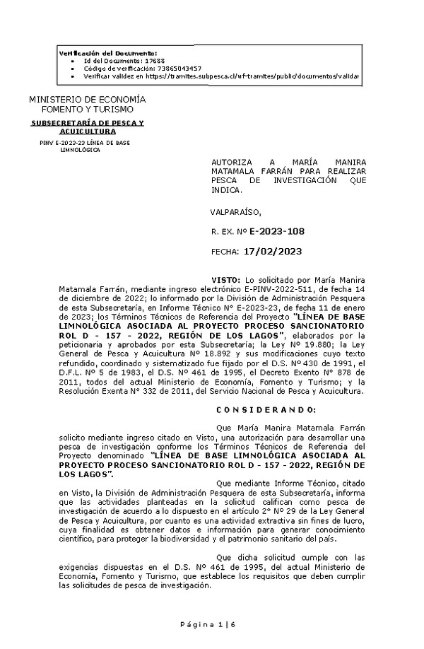Res Ex N° E-2023-108, Autoriza a María Manira Matamala Farrán, para realizar Pesca de Investigación que indica. (Publicado en Página Web 17-02-2023).