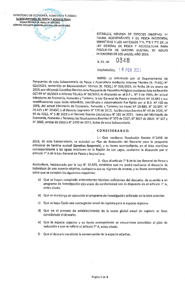 Res. Ex N° 0348-2023, Establece Nómina de Especies Objetivo, de fauna acompañante y de Pesca Incidental sometidas a los artículos 7°A, 7°B y 7°C de la ley General de Pesca y Acuicultura para pesquería de Sardina Austral en Aguas interiores de los Lagos, año 2023. (Publicado en Página Web 17-02-2023).