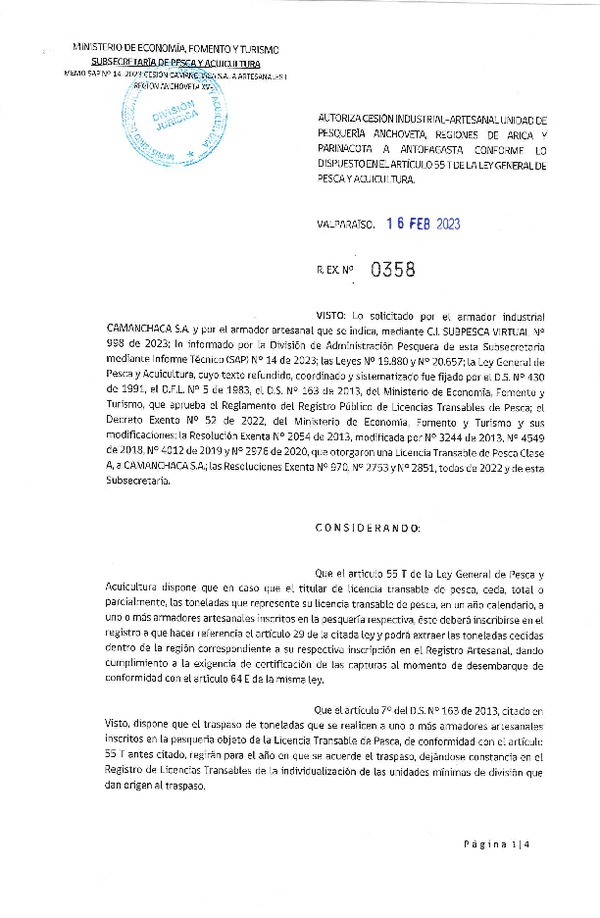 Res Ex N° 0358-2023, Autoriza cesión Industrial-Artesanal unidad de Pesquería Anchoveta, regiones de Arica y Parinacota a Antofagasta, conforme lo dispuesto en el artículo 55 T de la ley General de Pesca y Acuicultura. (Publicado en Página Web 17-02-2023).