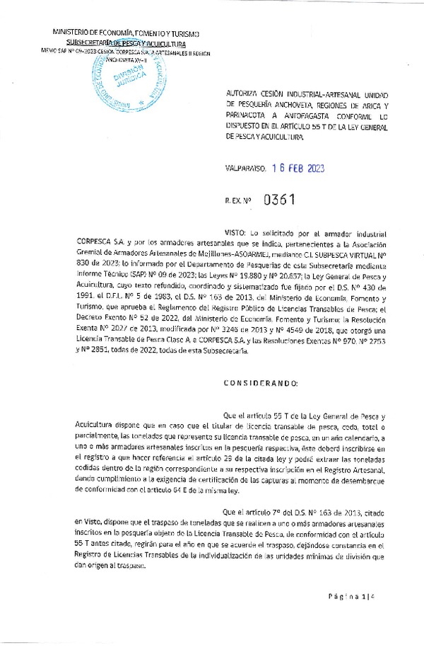 Res Ex N° 0361-2023, Autoriza cesión Industrial-Artesanal unidad de Pesquería Anchoveta, regiones de Arica y Parinacota a Antofagasta, conforme lo dispuesto en el artículo 55 T de la ley General de Pesca y Acuicultura. (Publicado en Página Web 17-02-2023).