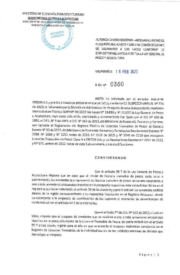 Res Ex N° 0360-2023, Autoriza cesión Industrial-Artesanal unidad de Pesquería Anchoveta y Sardinas común, regiones de Valparaíso a Los Lagos, conforme lo dispuesto en el artículo 55 T de la ley General de Pesca y Acuicultura. (Publicado en Página Web 17-02-2023).