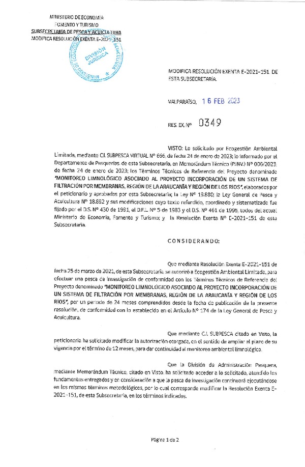 Res. Ex N° 0349-2023, Modifica Resolución Exenta E-2021-151, de esta Subsecretaría. (Publicado en Página Web 17-02-2023).