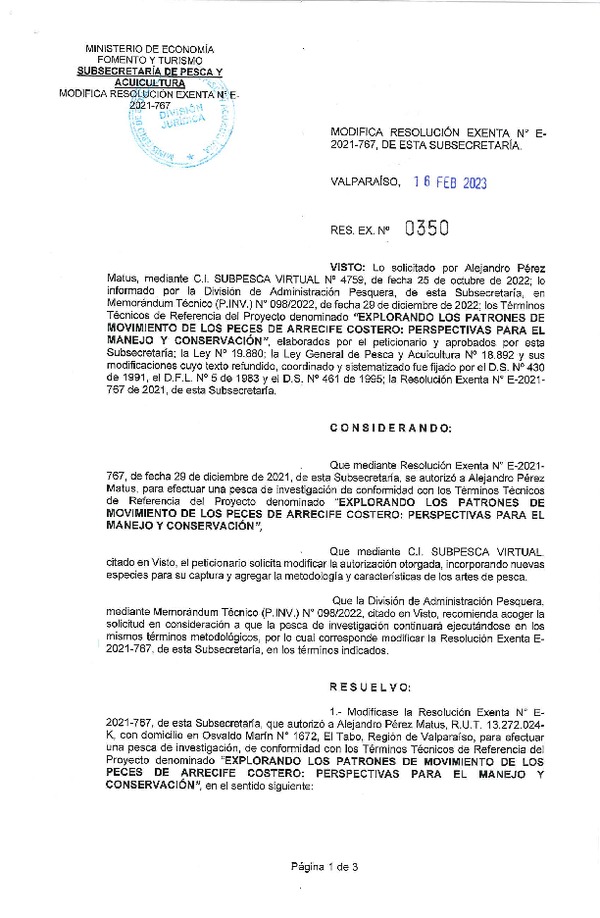 Res. Ex N° 0350-2023, Modifica Resolución Exenta E-2021-767, de esta Subsecretaría. (Publicado en Página Web 17-02-2023).