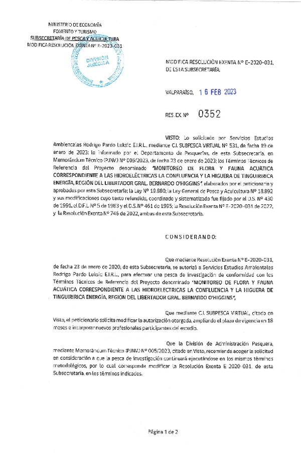 Res. Ex N° 0352-2023, Modifica Resolución Exenta E-2020-031, de esta Subsecretaría. (Publicado en Página Web 17-02-2023).