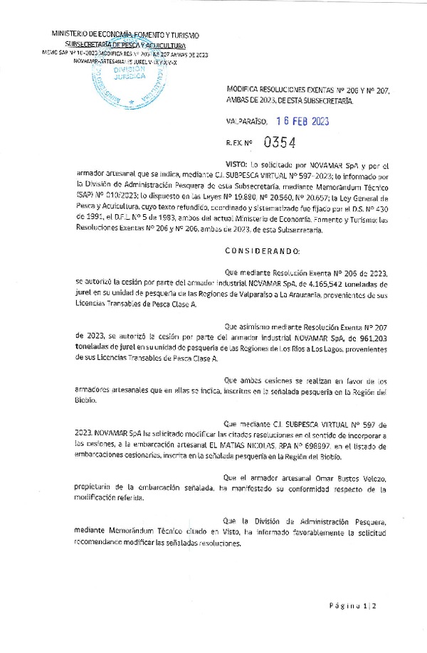 Res. Ex N° 0354-2023, Modifica Resoluciones Exentas N° 206 y N° 207, ambas de 2023, de esta Subsecretaría. (Publicado en Página Web 17-02-2023).