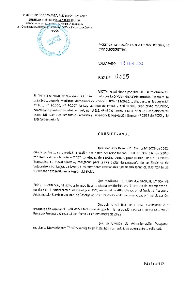 Res. Ex N° 0355-2023, Modifica Resolución Exenta N° 2658 de 2022, de esta Subsecretaría. (Publicado en Página Web 17-02-2023).