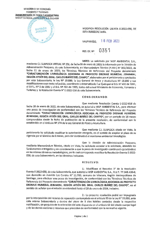 Res. Ex N° 0351-2023, Modifica Resolución Exenta E-2022-058, de esta Subsecretaría. (Publicado en Página Web 17-02-2023).