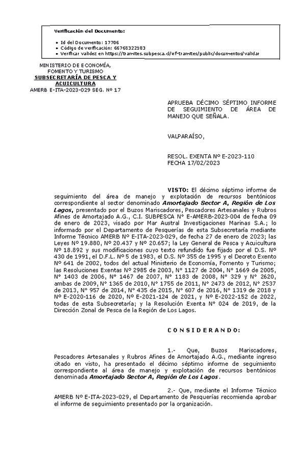 Res. Ex N° E-2023-110, Aprueba Décimo Séptimo informe de Seguimiento de Área de Manejo que señala. (Publicado en Página Web 20-02-2023).