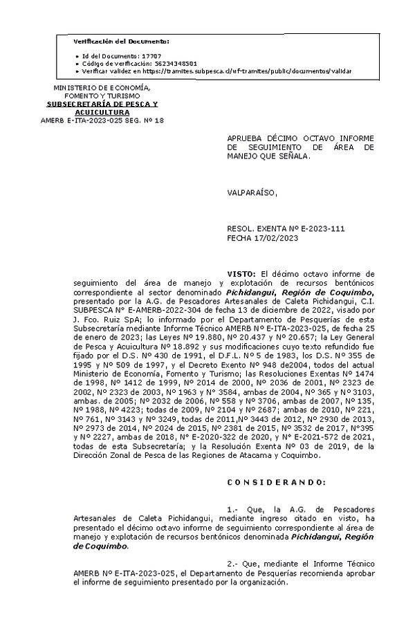 Res. Ex N° E-2023-111, Aprueba Décimo Octavo informe de Seguimiento de Área de Manejo que señala. (Publicado en Página Web 20-02-2023).