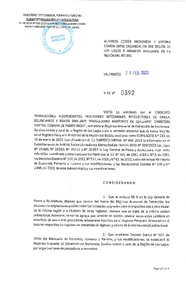 Res. Ex N° 392-2023, Autoriza Cesión Anchoveta y Sardina Común entre Organización RAE Región de Los Lagos a Armador Artesanal de la Región del Bío Bío. (Publicado en Página Web 21-02-2023).