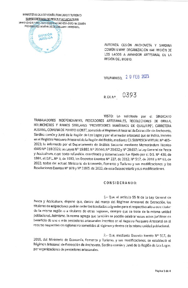 Res. Ex N° 393-2023, Autoriza Cesión Anchoveta y Sardina Común entre Organización RAE Región de Los Lagos a Armador Artesanal de la Región del Bío Bío. (Publicado en Página Web 21-02-2023).