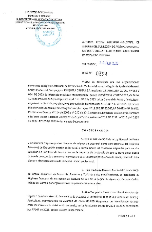 Res. Ex N° 394-2023, Autoriza Cesión Artesanal–Industrial de Merluza del Sur Región de Aysén conforme lo dispuesto en el artículo 55N de la Ley General de Pesca y Acuicultura. (Publicado en Página Web 21-02-2023).