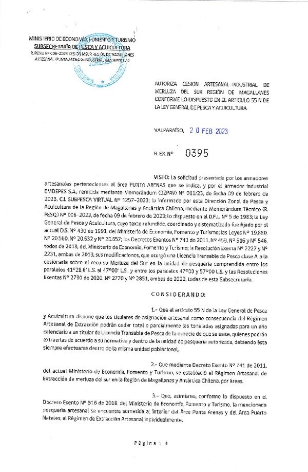 Res. Ex N° 395-2023, Autoriza Cesión Artesanal–Industrial de Merluza del Sur Región de Magallanes conforme lo dispuesto en el artículo 55N de la Ley General de Pesca y Acuicultura. (Publicado en Página Web 21-02-2023).