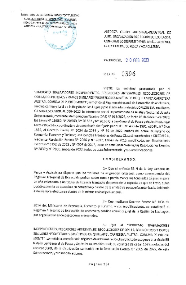 Res. Ex N° 396-2023, Autoriza Cesión Artesanal–Industrial de Jurel organización RAE Región de Los Lagos conforme lo dispuesto en el artículo 55N de la Ley General de Pesca y Acuicultura. (Publicado en Página Web 21-02-2023).