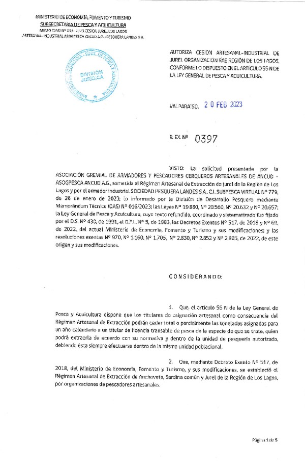 Res. Ex N° 397-2023, Autoriza Cesión Artesanal – Industrial de Jurel Organización RAE Región de Los Lagos, conforme lo dispuesto en el artículo 55N de la Ley General de Pesca y Acuicultura. (Publicado en Página Web 21-02-2023).