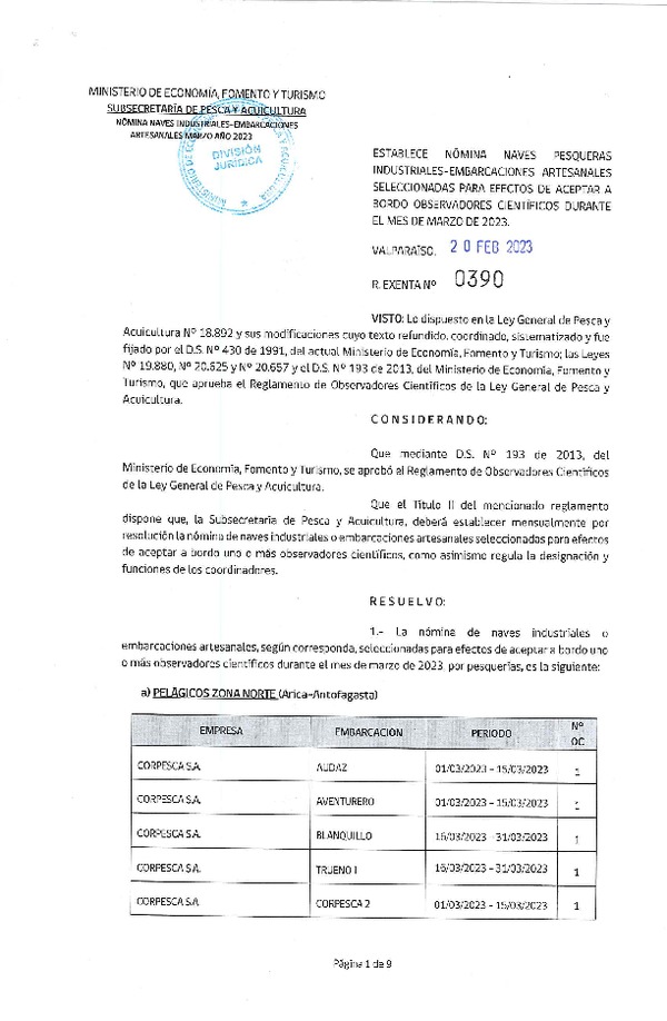 Res. Ex N° 0390-2023, Establece Nómina Naves Pesqueras Industriales-Embarcaciones Artesanales seleccionadas para efectos de aceptar a Bordo Observadores Científicos durante el mes de Marzo de 2023. (Publicado en Página Web 21-02-2023).